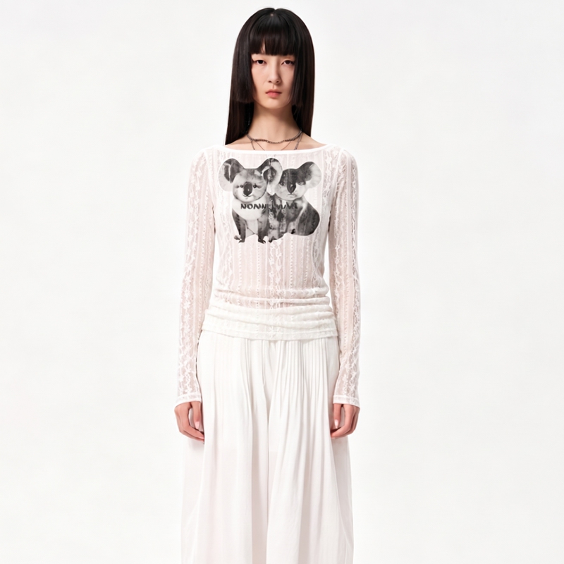 Nonhuman Ant House Koala Print Lace Hollow Out Off-Shoulder Long Sleeve T-Shirt Fashionable New Product