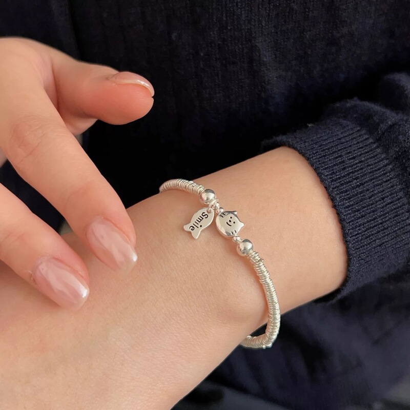 S925 Sterling Silver Cat and Fish Bracelet for Women, Light Luxury, Niche, Exquisite Small Coiled Bracelet, Gift for Girlfriend's Birthday