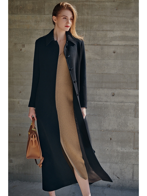 Woolen Outwear 2025 Winter New Style Hepburn Style Elegant and High-End Long Black Wool Over-The-Knee Outwear for Women
