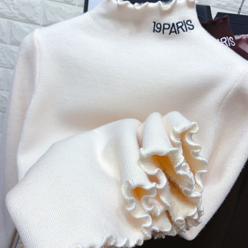 Girls' bottoming shirt autumn and winter new middle and big children's half-height lotus leaf collar warm plus velvet foreign style thickened one-piece velvet top