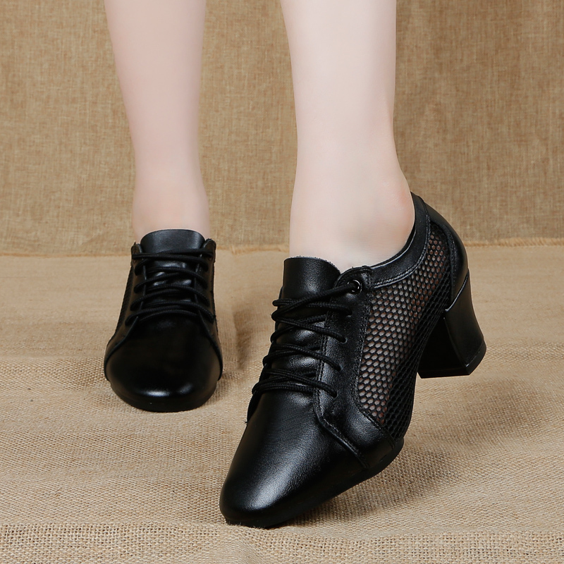New Women's Summer Cowhide Mesh Soft Sole Teacher Sailor Square Dance Shoes Modern Dance Shoes Latin Dance Shoes