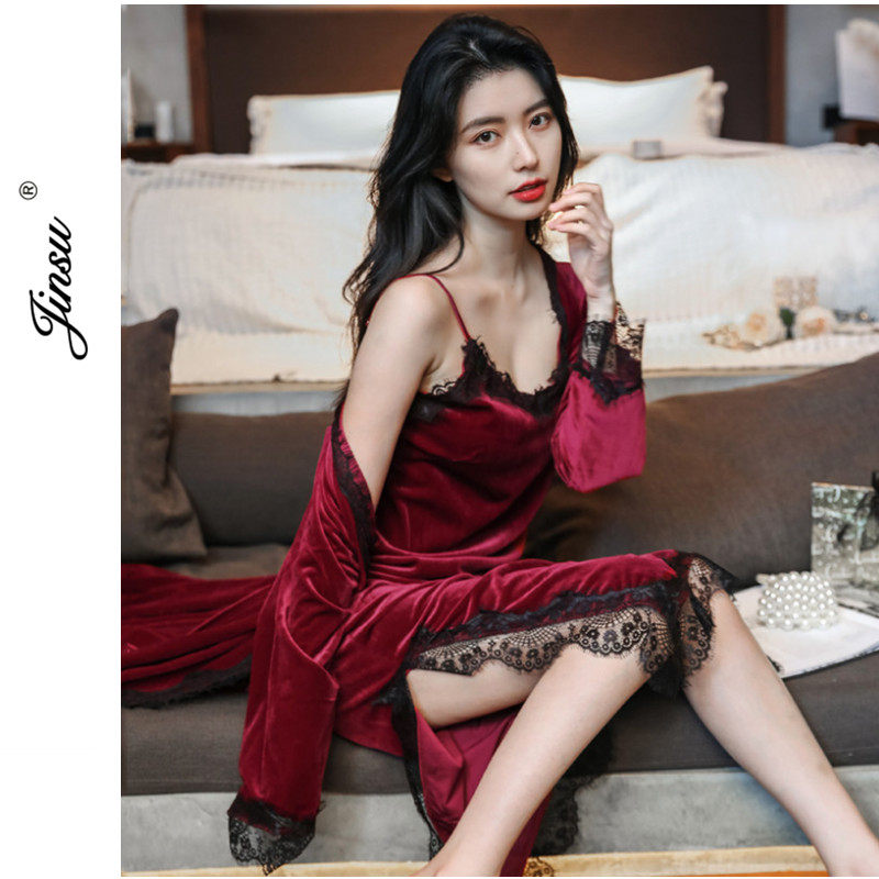 Bridal morning robes Long version of autumn winter red pyjamas female wedding bridesmaids Two sets of sexy lace wedding pyjamas winter