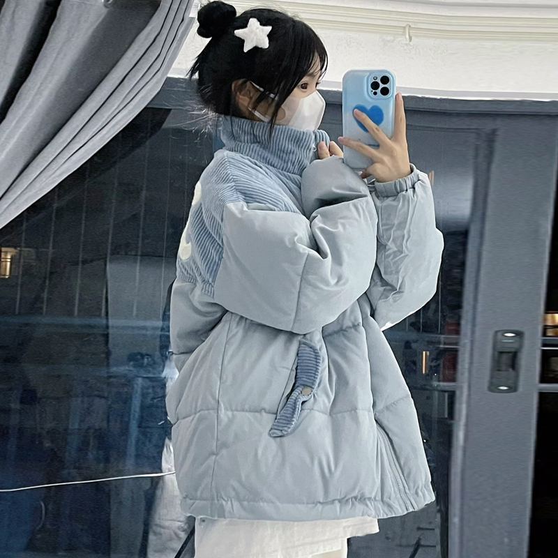 Blue down Jacket for Women 2025 New Winter Short Style Puffer Jacket with Unique Design Corduroy Coat for Women