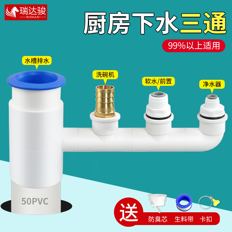 Kitchen sewer pipe three-way divider sink water purifier dishwasher front three-way four-way joint