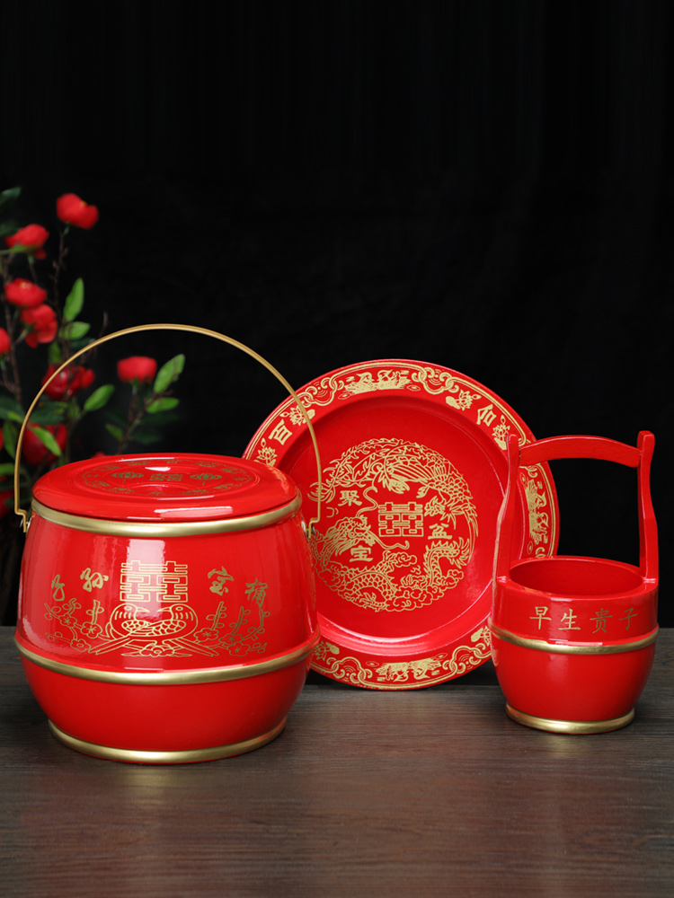 Red Wood Descendants Treasure Bucket Wedding Bride Home Accompanied By Wedding Bride to celebrate three sets of large number of Festive Barrels of Festive Barrels-Taobao