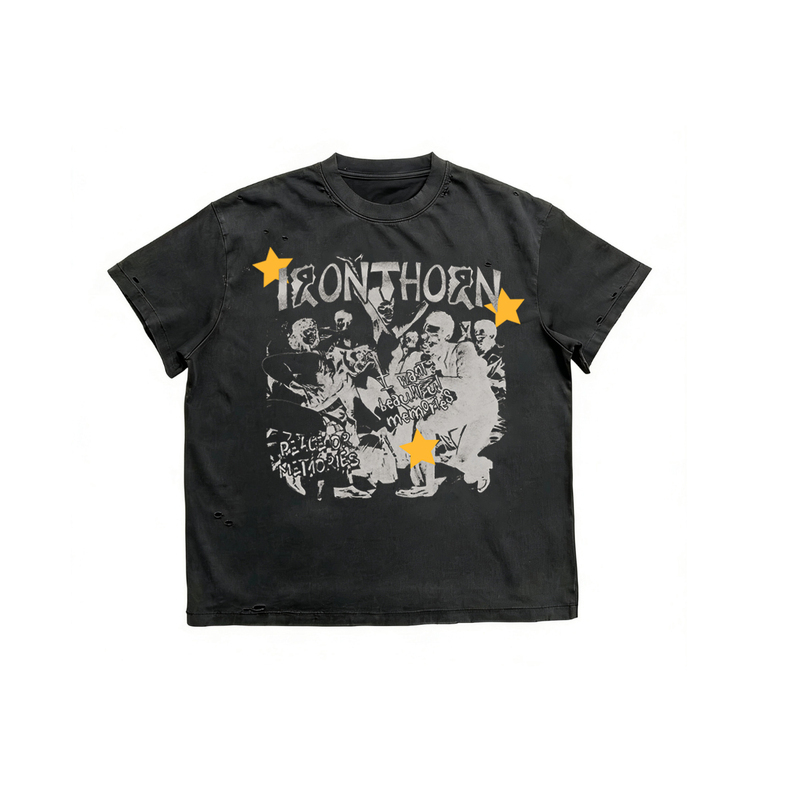 Iron Thorn Original "Hippie" Rock Band Portrait Washed Vintage Single-Stitch Printed Short-Sleeve T-Shirt