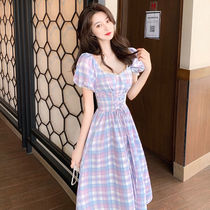 Womens 2021 new purple plaid dress V-neck short sleeves light cooked long skirt slim waist lace-up bubble sleeves