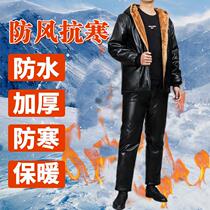 21 new hooded and velvet padded overalls set waterproof and oil-proof leather pants windproof riding loose collar leather clothing