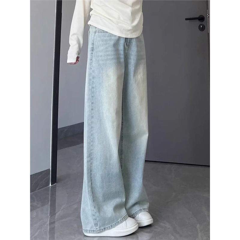 American Retro Washed Moonlight Blue Light-Colored Jeans for Women, New Style, Loose Fit, Slimming Wide-Leg Straight Floor-Length Pants American Retro Washed Moonlight Blue Light-Colored Jeans for Women, New Style, Loose Fit, Slimming Wide-Leg Straight Floor-Length Pants
