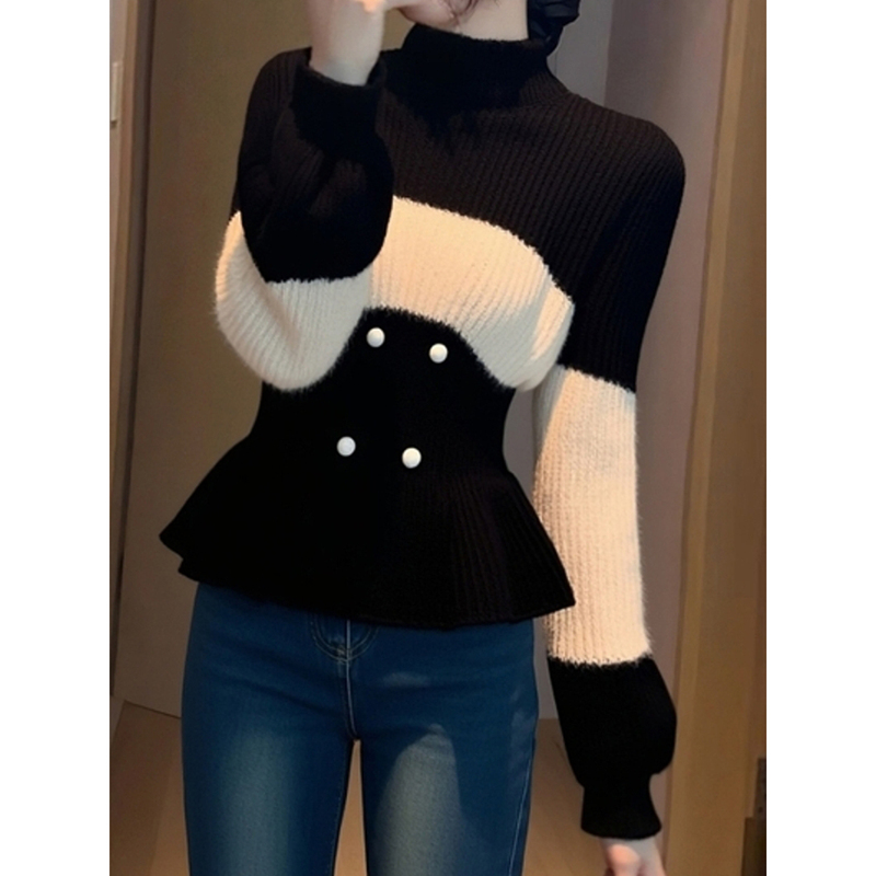 Gentle Chanel-Style Black and White Color-Blocking Half-High Collar Ruffled Long-Sleeve Sweater Knitwear for Women, Autumn and Winter Slim-Fit Top