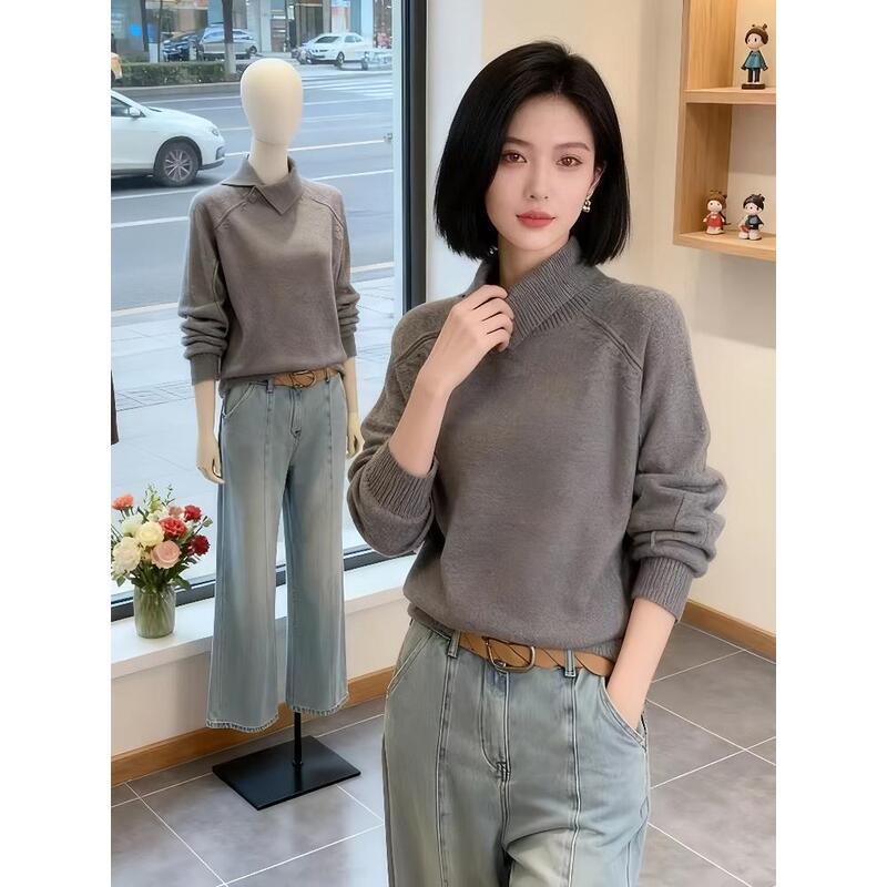 High-End Gray Lapel Knit Sweater Long-Sleeve Women's Autumn and Winter New Top Base Layer Women's Sweater High-End Gray Lapel Knit Sweater Long-Sleeve Women's Autumn and Winter New Top Base Layer Women's Sweater