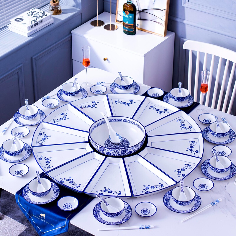 Round Table Fan-Shaped Plate Dish Home-Use Trendy Chinese-Style Ceramic Reunion Platter Tableware Set Bowl and Plate Set