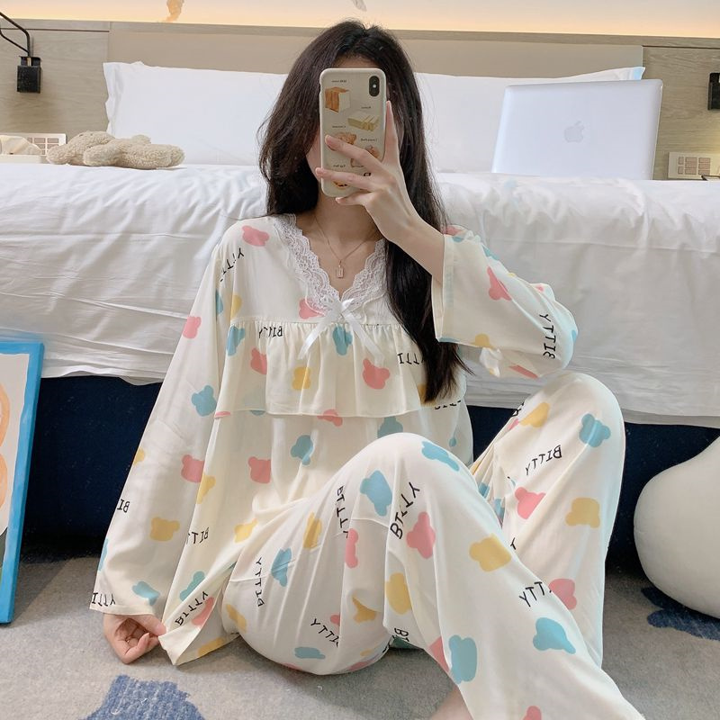 New Anti-Bump Cotton Silk Rayon Pajamas, Chest-Covering Women's Long-Sleeved Long Pants, Ruffled Sweet Loungewear Set