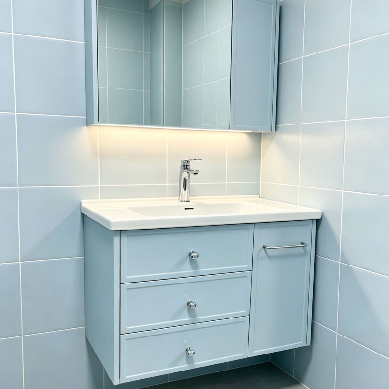 Spring Blue ~ Bathroom Cabinet with Integrated Ceramic Basin, Pull-Out Basket, Hair Dryer, Bathroom Sink, Washbasin, Handwashing Station