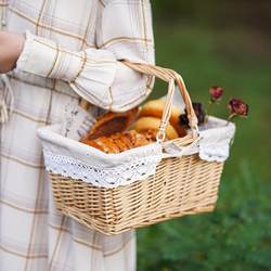 Woven Storage Basket with Handle, Country Style Woven Basket, Large Picnic Blue Trendy Home Storage Basket