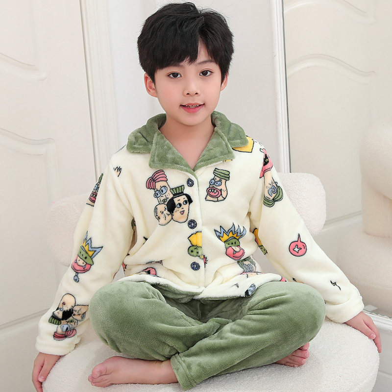 Children's flannel pajamas boys autumn and winter home clothes children middle and big children baby plus velvet thick coral velvet suit