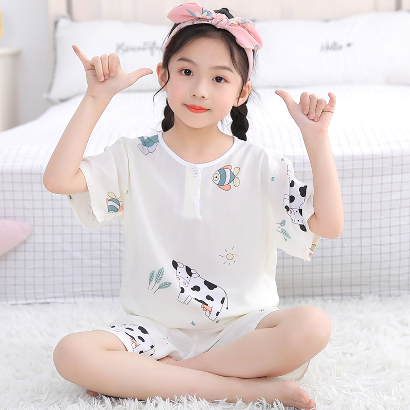 Children's cotton silk pajamas short-sleeved suit summer thin section men's and women's big children's cotton silk children's baby home air conditioning clothing