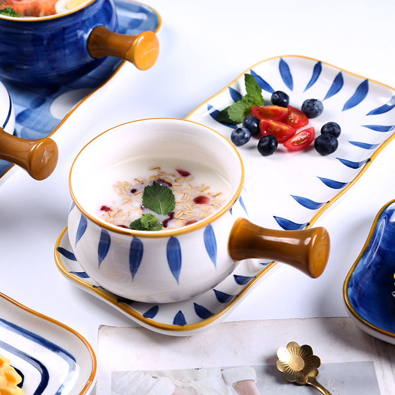 Japanese breakfast bowl plate creative personality dinner plate soup noodle bowl large household one person piece ceramic cutlery set long plate