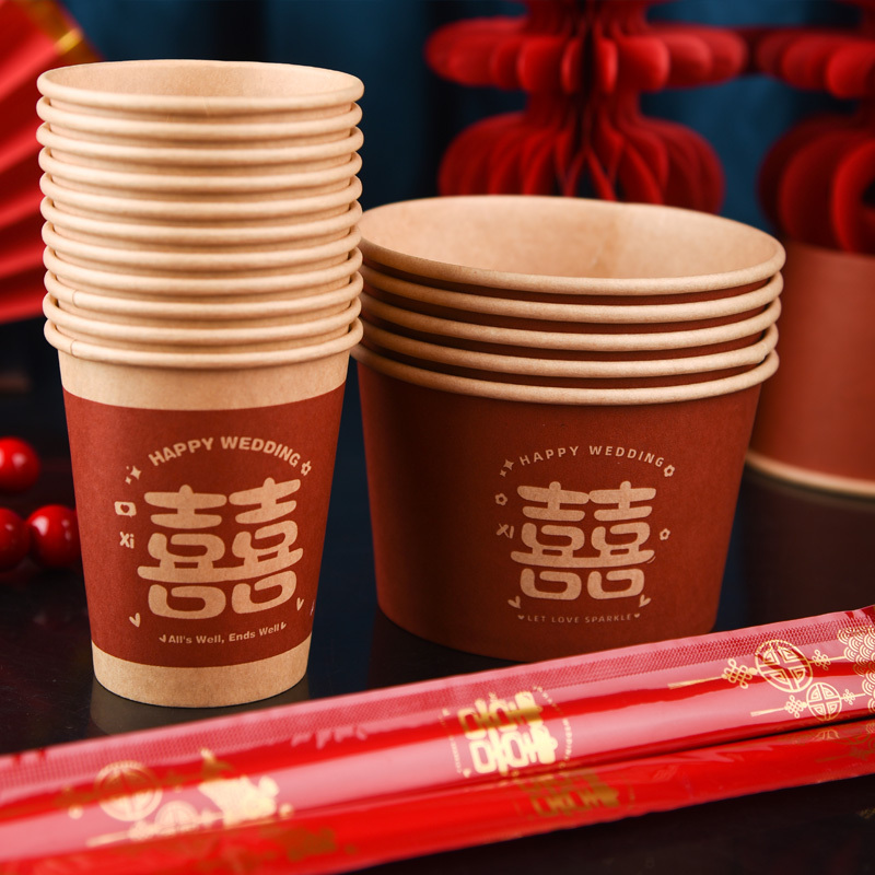 Wedding Disposable Red Bowls, Thickened Banquet Bowls, Wedding Food-Grade Household Paper Bowls and Chopsticks Tableware Set, Wedding Banquet