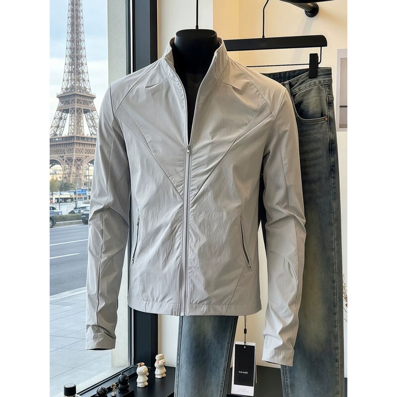 High-End Gray Ice Silk Sun Protection Clothing for Men in Summer, Lightweight Mesh Breathable Waterproof Cycling Sportswear Stand-Up Collar Jacket