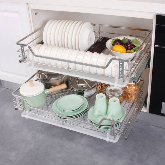 Cabinet pull basket 304 stainless steel double-layer drawer kitchen dish basket kitchen cabinet buffer damping storage seasoning basket