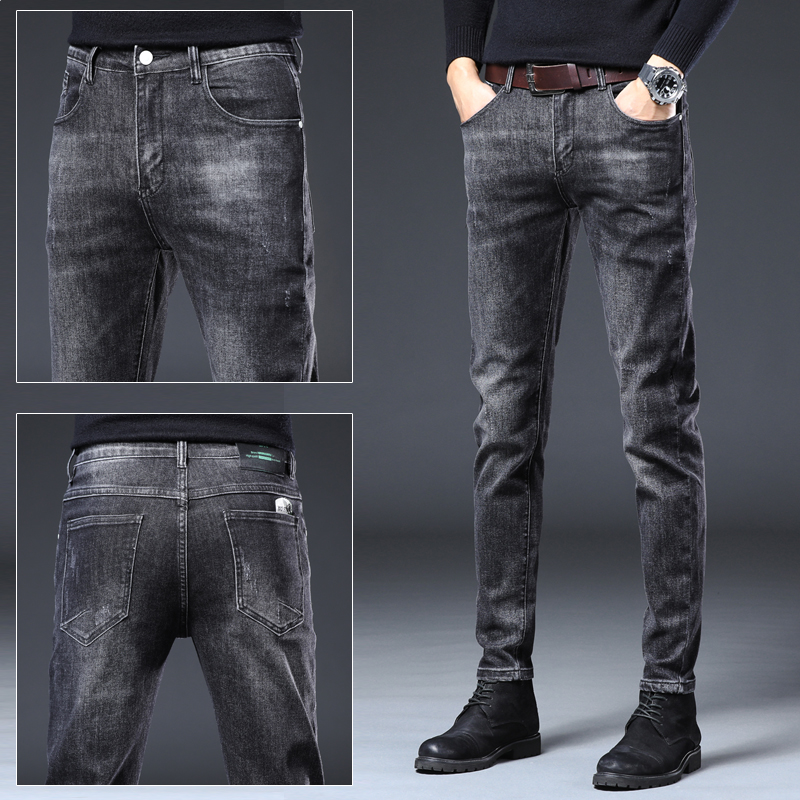 Summer thin black gray jeans men's slim small feet Korean version of the tide brand high-end elastic all-match casual long pants men