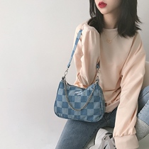 Denim blue checkerboard chain armpit bag 2022 summer new Japanese and Korean chic casual canvas bag shoulder bag women