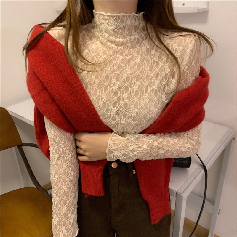 Lace Base Shirt for Women, Long-Sleeved, 2021 Autumn and Winter, Stylish Sweater with Mesh Lining, Slim Fit, Half-High Collar, Thin Top Lace Base Shirt for Women, Long-Sleeved, 2021 Autumn and Winter, Stylish Sweater with Mesh Lining, Slim Fit, Half-High Collar, Thin Top