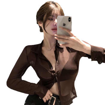 Internet celebrity hot girl shirt long-sleeved ice silk black see-through mesh sunscreen shirt for women summer beautiful and unique temperament top