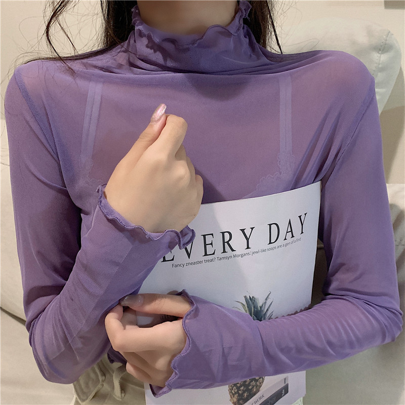 Mesh Lace Spring and Autumn Layered Base Shirt for Women, Thin Long-Sleeved High-Neck Sun Protection Inner Wear, Solid Color Long-Sleeved Stylish Top