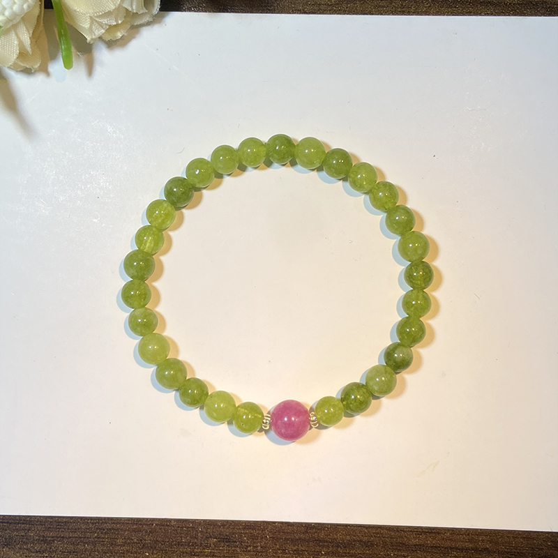 Natural Jade Green Crystal Pink Bead Bracelet for Women, Light Luxury Niche Exquisite Peridot Red Chalcedony Bracelet