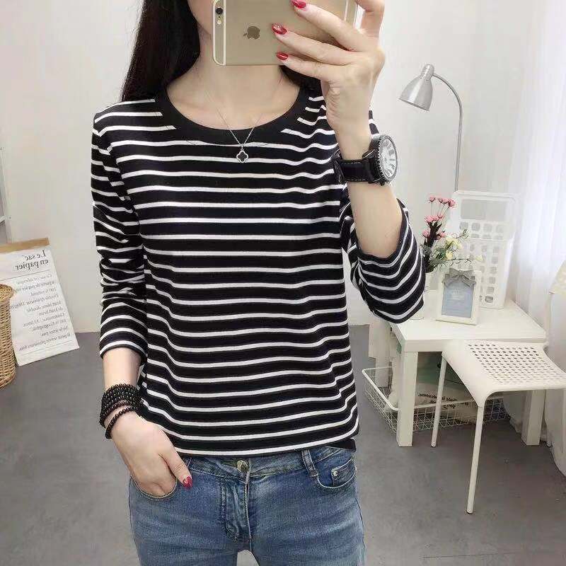 Striped Long-Sleeve T-Shirt for Women, Early Autumn 2024 New Style, Trendy Round Neck Simple Base Layer Versatile Top