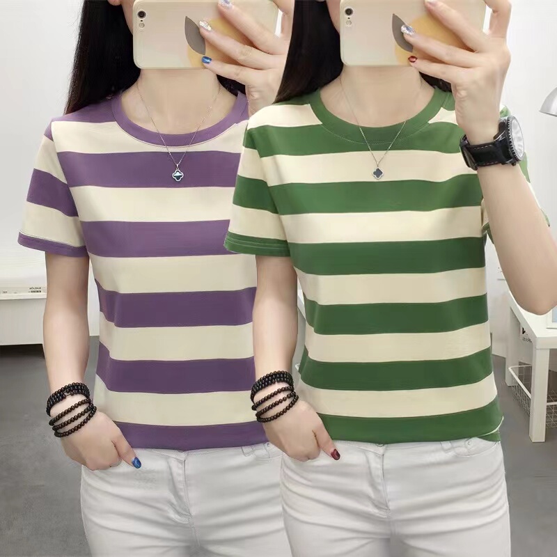 9.9 Yuan Striped Short-Sleeve T-Shirt for Women, 2024 Summer New Trendy Versatile Top, Loose Plus-Size Half-Sleeve Tee