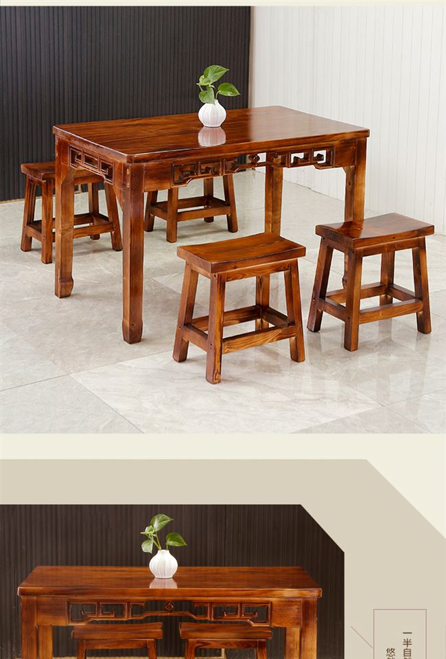 Bàn ghế kết hợp gỗ rắn gói thư carbon hóa đồ nội thất ngoài trời chống ăn mòn căn hộ nhỏ bàn ăn nhanh nhà hàng bộ bàn ghế cổ - Bàn ghế ngoài trời / sân