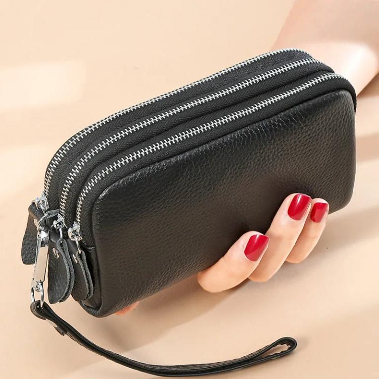 Fashionable Large-Capacity Long Women's Wallet, First-Layer Cowhide Clutch Bag, Three-Layer Zipper Multi-Functional Genuine Leather Mobile Phone Bag Fashionable Large-Capacity Long Women's Wallet, First-Layer Cowhide Clutch Bag, Three-Layer Zipper Multi-Functional Genuine Leather Mobile Phone Bag