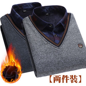 男士秋冬季休闲打底衬衫假领两件针织衫男装