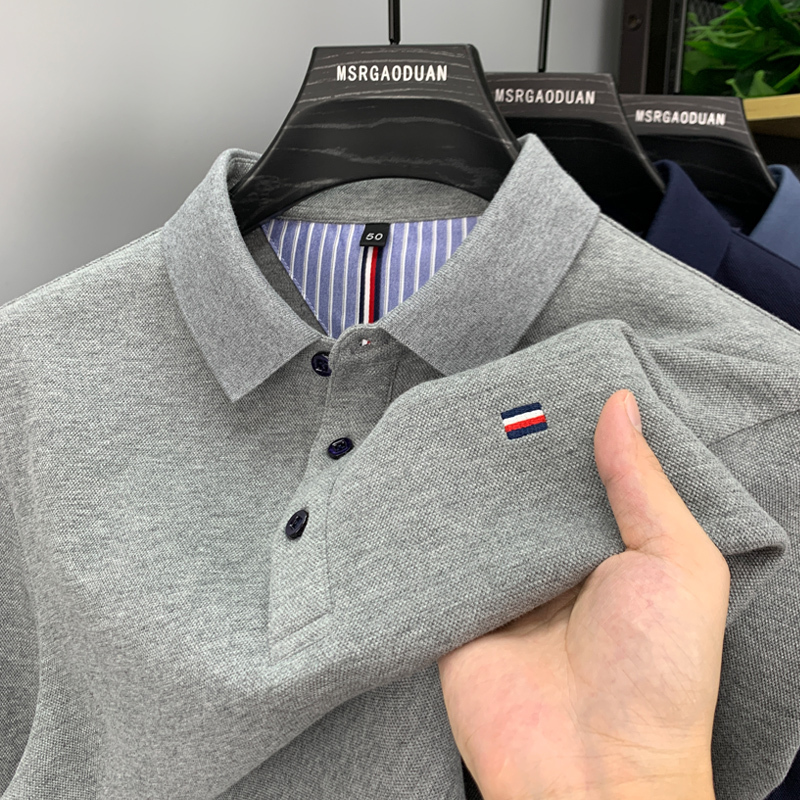 Men's T-Shirt with Slit Hem, Pure Cotton, High-End Embroidered Turn-Down Collar, Long-Sleeve Polo Shirt, Heavyweight Top for Young and Middle-Aged Men Men's T-Shirt with Slit Hem, Pure Cotton, High-End Embroidered Turn-Down Collar, Long-Sleeve Polo Shirt, Heavyweight Top for Young and Middle-Aged Men