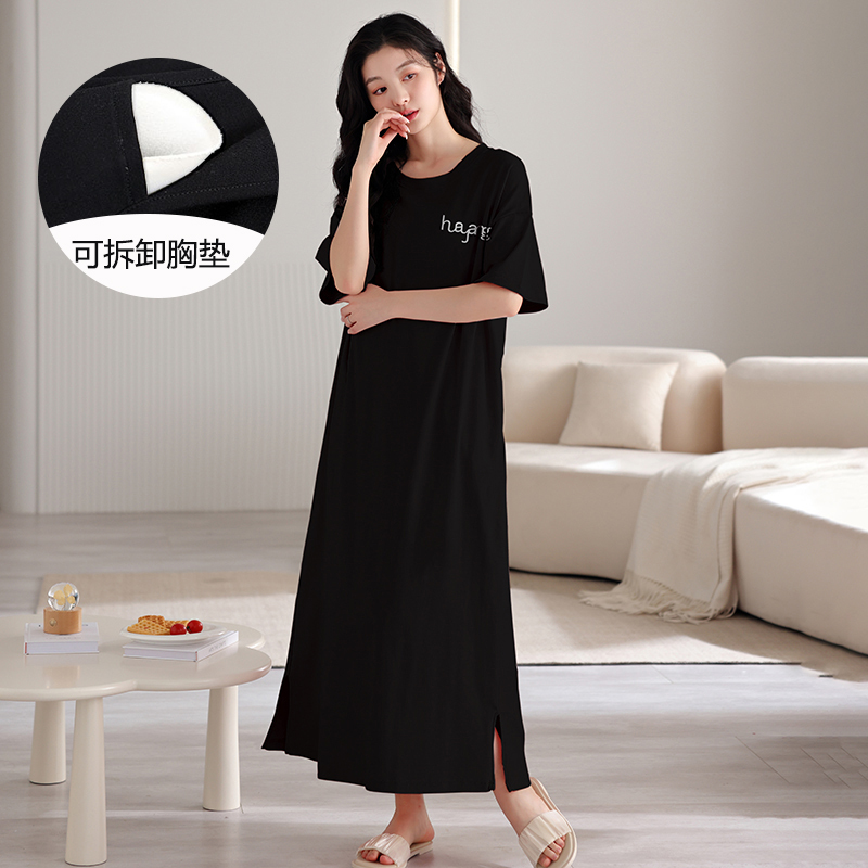 Women's Nightgown 2025 New Model with Chest Pad, Summer Pure Cotton Extra-Long Ankle-Length Dress, Can Be Worn Outside as Sleepwear
