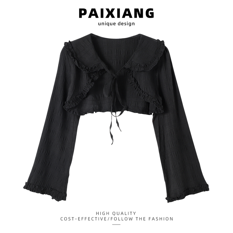 Paixiang/Black Doll Collar Long-Sleeved Sun Protection Shirt for Women Summer Short Lace-Up Thin Blouse Jacket Top