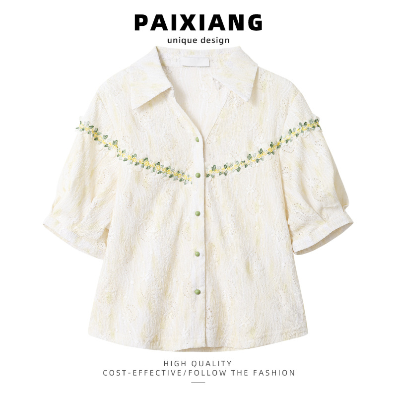 Paixiang Ladylike Style Gradient Lace Blouse for Women, Summer Half-Sleeve, Turn-Down Collar, Embroidered, Elegant, Niche, Age-Reducing Top Paixiang Ladylike Style Gradient Lace Blouse for Women, Summer Half-Sleeve, Turn-Down Collar, Embroidered, Elegant, Niche, Age-Reducing Top