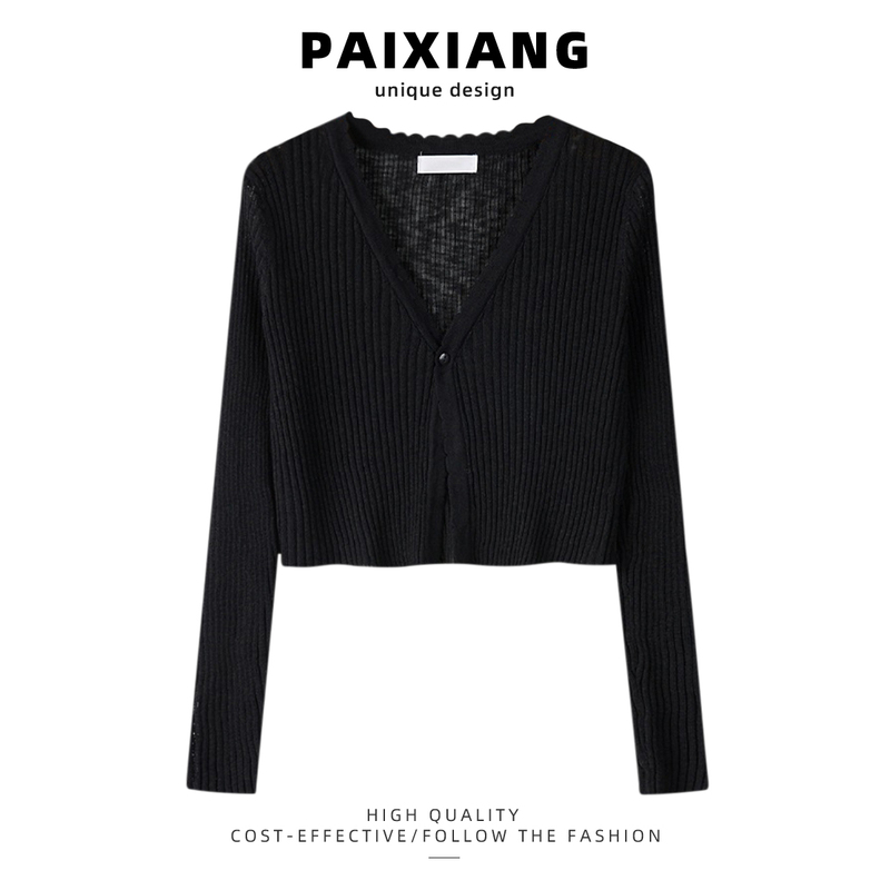 Paixiang/Black Thin Cardigan Sun Protection Clothing for Women, Summer Short Jacket with a Small Outer Cover-Up with Straps