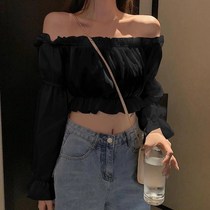 Autumn new one-shoulder top womens off-the-shoulder shirt womens design sense niche high-waisted umbilical bubble sleeve T-shirt women