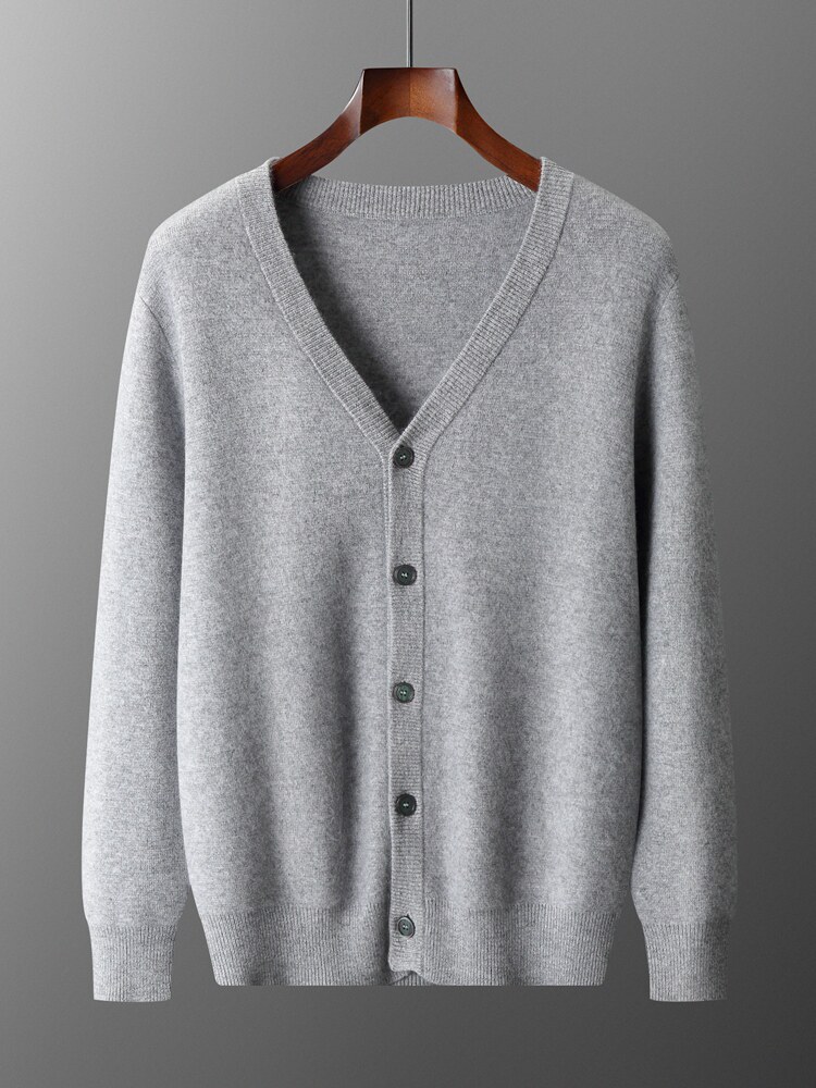 100% Pure Wool Jacket Men's V Neck Loose Thickeneded Knitted Cardigan Autumn and Winter Pure Color Outer Wear Cashmere Sweater
