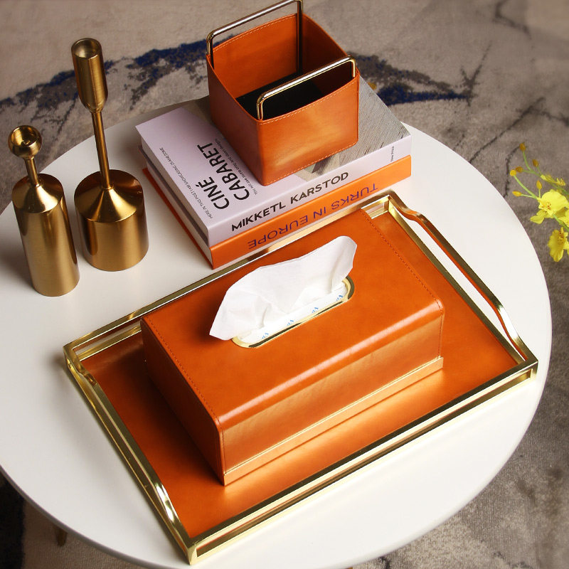 Creative light luxury leather tissue box Home living room modern simple American dining table coffee table high-grade orange draw box