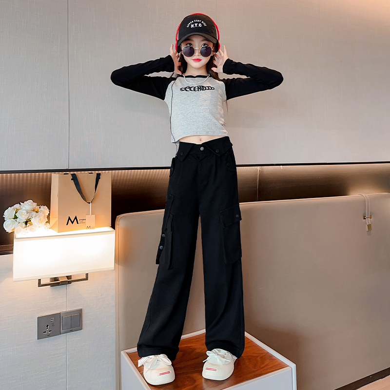 Young children Jazz dance Girls clothing Fried Street Wave Clothes Long Sleeve Blouse Blouse Children Work Dress Pants Suit Loose Broadlegged Pants-Taobao