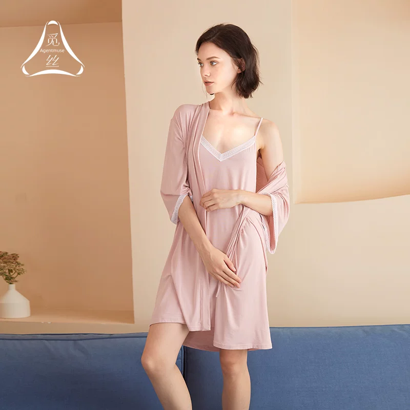 Пижама для женщин MiSi [Nude Feel] 2026 нового поколения из тенцела modal, сексуальное однотонное платье-комбинезон с кружевной подвязкой и ночной сорочки-ночной халат