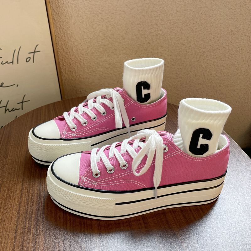 Lei Ge's 1970S Thick-Soled Height-Increasing Canvas Shoes for Women, 2025 Autumn Trendy Pink Casual Sneakers, Retro White Shoes