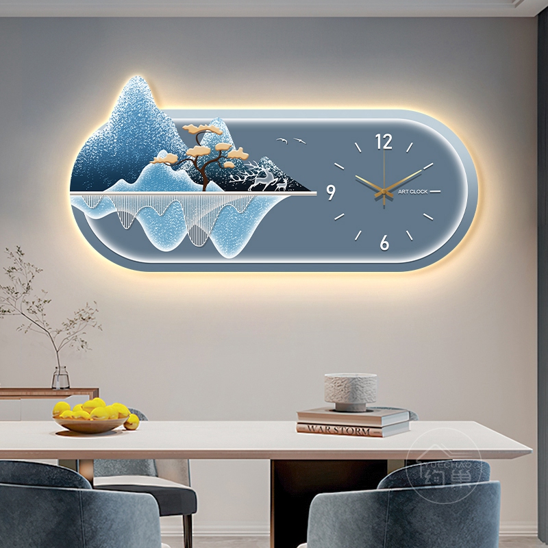 Modern light luxury restaurant decorative painting wall clock creative high-end living room home clock hanging painting led lamp painting high-end