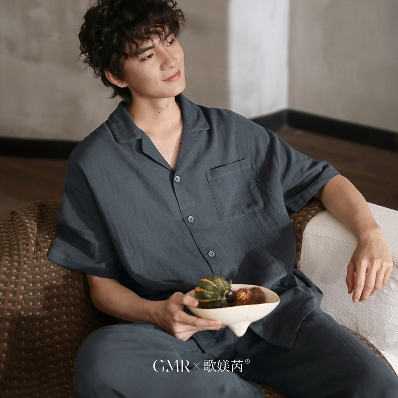 Gemeirui Men's Pajamas Summer Pure Cotton Gauze Breathable Thin Short-Sleeved Long Pants Men's Home Wear Set Large Size Gemeirui Men's Pajamas Summer Pure Cotton Gauze Breathable Thin Short-Sleeved Long Pants Men's Home Wear Set Large Size