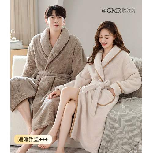 Коралловый бархатный демисезонный длинный банный халат подходит для мужчин и женщин, утепленная пижама для влюбленных, длина макси, большой размер